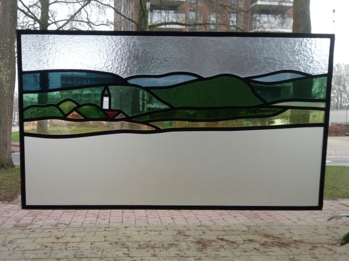 2 Bleiverglasungen mit Landschaft, Maisfeld bei Erbach im Odenwald, ca. 80 x 45cm, € 625,-